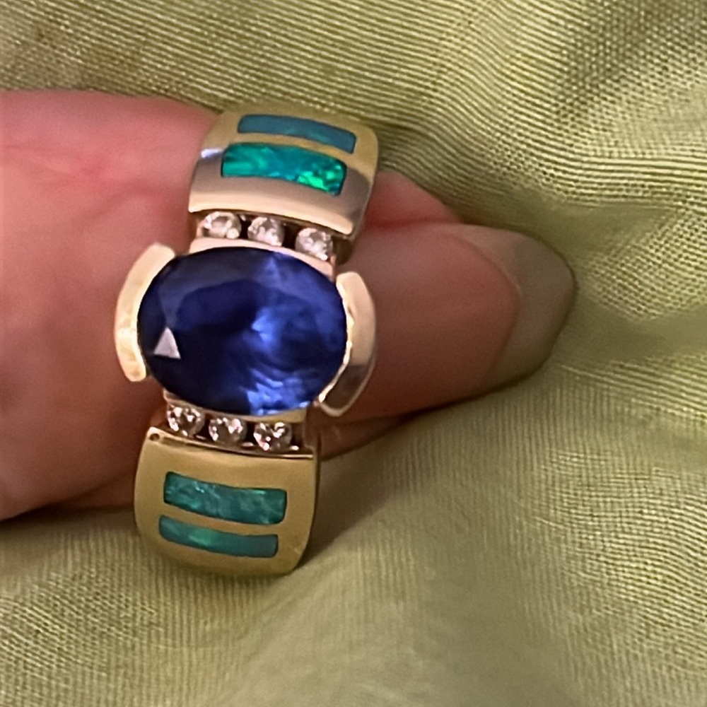 Tanzanite and diamond and fire opal ring